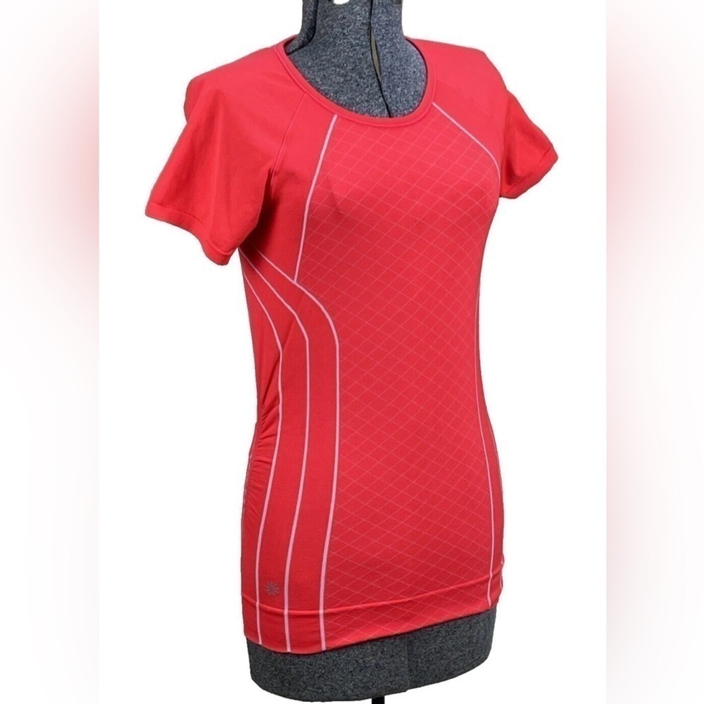 Athleta Finish Fast slim fit neon coral top w side rouching SZ M athleisure